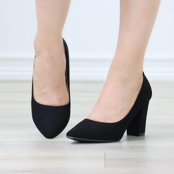 Classic Block High Heel Slip On Pointed Toe Pumps Black Nubuck - Picture 11 of 12